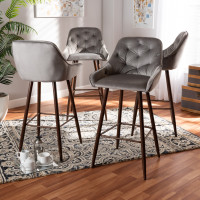 Baxton Studio BA-9-Grey/Walnut-BS Catherine Modern and Contemporary Grey Velvet Fabric Upholstered and Walnut Finished 4-Piece Bar Stool Set